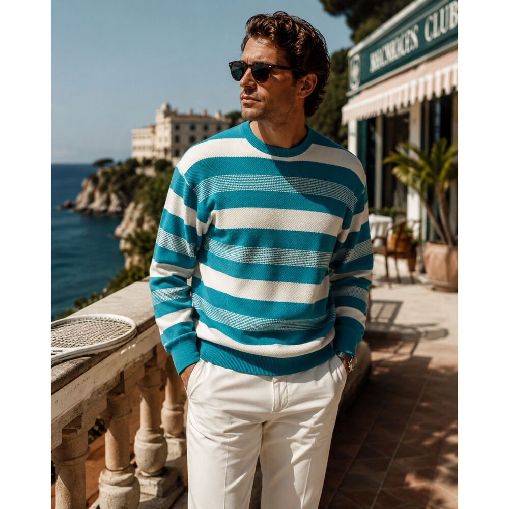 Vintage Ellesse Italy Striped Sweater Men’s L Blue White Cotton Acrylic 90s Knit